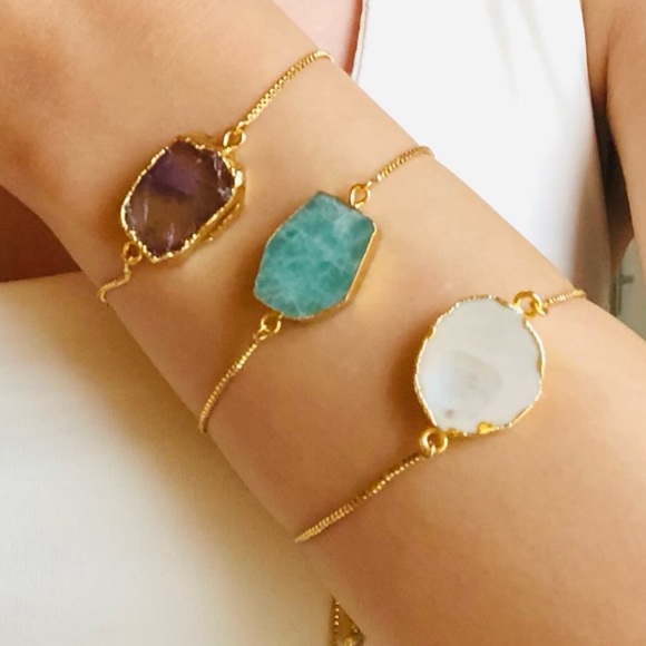 Hand Crafted Jewelry - Gold Plated White Geode Druzy CZ Diamonds Slider Bracelet